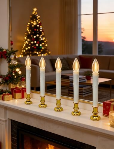 10 Pack Battery Operated Window Candles, Flameless Christmas Electric Candle with 6/18H Timer, Gold Base with Suction Cups, Warm White LED Lights for Xmas Wedding Holiday Indoor Table Window Decor