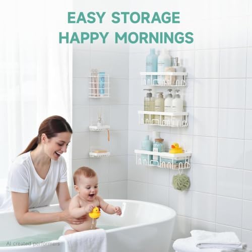 Veken 6-Pack Rustproof&Waterproof Shower Caddy, Adhesive Shelves Rack with Soap Holder, Large Bathroom & Washroom