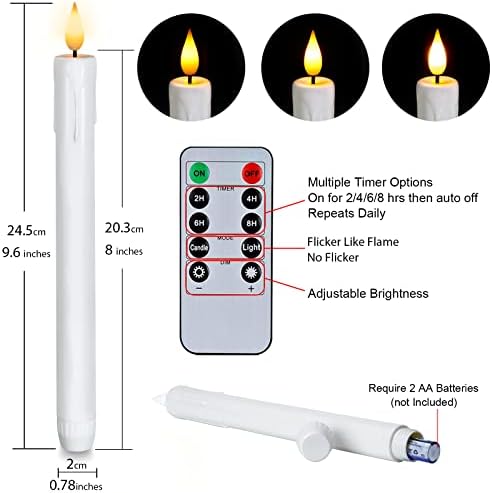 Homemory 6 Pcs Flameless Taper Candles with Remote, Timer, Dimmer, 9.6 Inches Plastic White Led CandleSticks with Flickering Light, Battery Operated Window Candles for Halloween Christmas Decoration