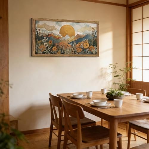 Framed Boho Landscape Large Wall Art, Abstract Sun Mountain Canvas Wall Decor Painting, Modern Floral Botanical