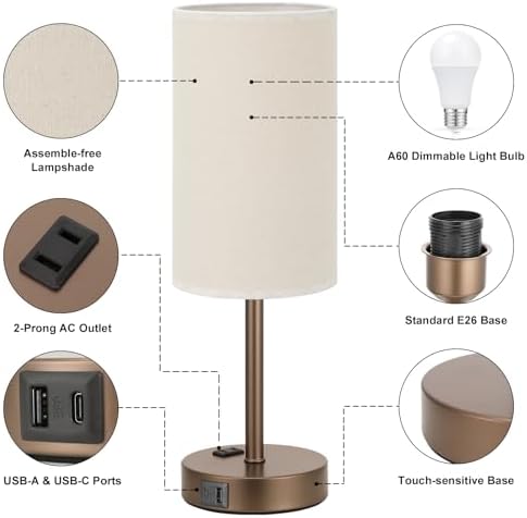Fenmzee 17.4" Brown Lamp for Bedroom - Dimmable Touch, USB A+C, AC Outlet