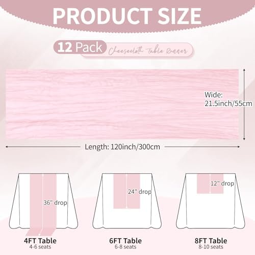 12 Pack Light Pink Cheesecloth Table Runner 10Ft, Gauze Table Runners 21.5 x 120 inch,Semi Sheer Cheese Cloth Fabric Runner Bulk for Wedding,Party,Baby Shower,Bridal Shower