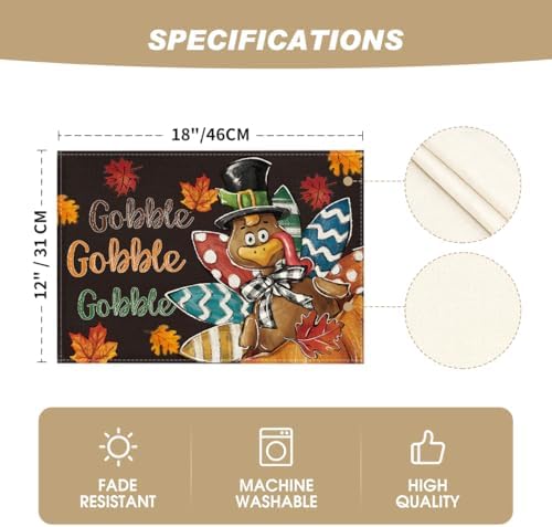 Artoid Mode Black Gobble Turkey Maple Leaves Thanksgiving Placemats Set of 4, 12x18 Inch Fall Harvest Table Mats for Party Kitchen Dining Decoration