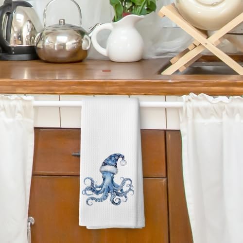 Blue Coastal Christmas Octopus Kitchen Dish Towels 16x24