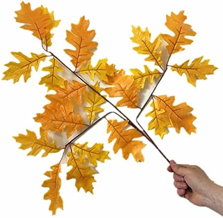 12pcs Artificial Oak Tree Branch Faux Eiche Leaf Stem Three Forks per piece for Greenery Wall Floral Decoration (Yellow)