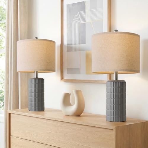 PoKat 20.75'' Ceramic Small Table Lamps for Bedroom, Modern Dark Gray Bedside Lamps Set of 2, Farmhouse Lamps for