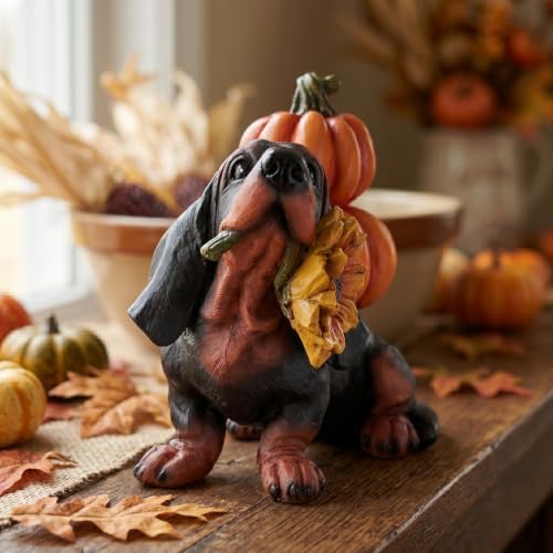Thanksgiving Dachshund Dog Statue, Fall Pumpkin Dog Figurine Decor