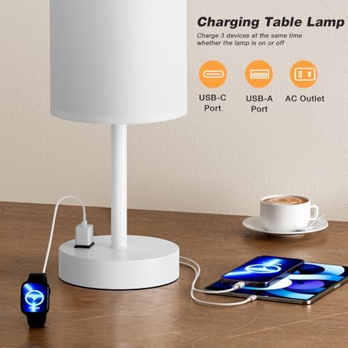 Fenmzee 17.4" White Lamp for Bedroom - Dimmable Touch, USB A+C, AC Outlet