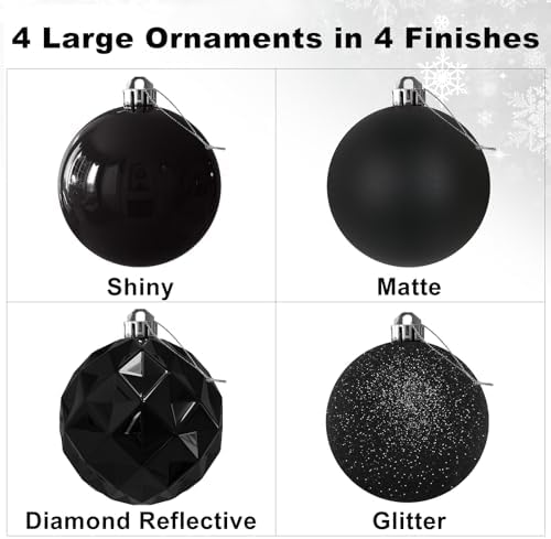 Black Set of XL (4.0") 4PCS Christmas Balls - Christmas Tree Decoration Ornaments Shatterproof Hanging Balls for New Year Easter Valentine Holiday Decorations