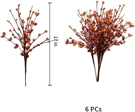 LLZLL 6PCS Fall Stems,17in/43cm Tall Artificial Fall Berry Picks Autumn Berry Spray for Flower Arrangement and Fall Decor (Red Orange Berries and Leaves)