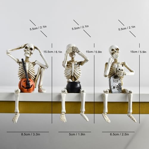 Set of 3 Skeleton Statues, Horror Skull Halloween Resin Decor, See/Hear/Speak no Evil Collectible Figures Home Decoration