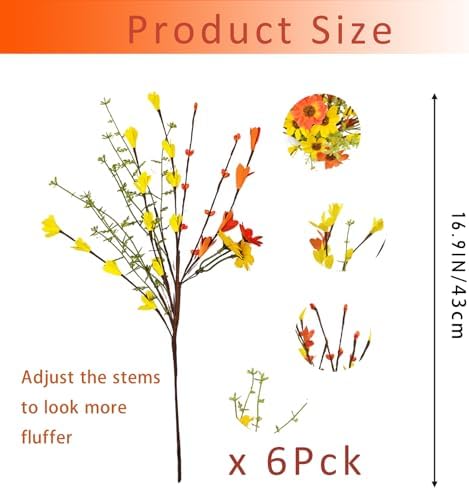 RHN Fall Decorations for Home,6 Pcs Fall Flowers Artificial with Daisies Forsythia Flowers Berry Leaf Stem for Autumn Harvest Thankgiving Home Table Vase Centerpiece Decor（Yellow Orange）