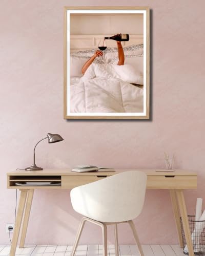 EcoHest 18x24 in Woman Drinking Wine in Bed Framed Wall Art for Bedroom