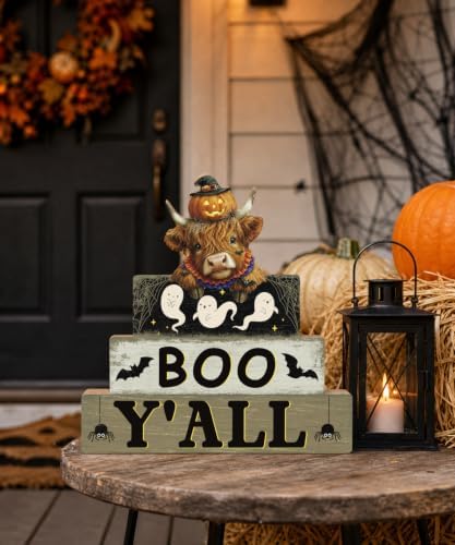 Putuo Decor Halloween Highland Cow Table Decor, Wooden Boo Yall Shelf Sign