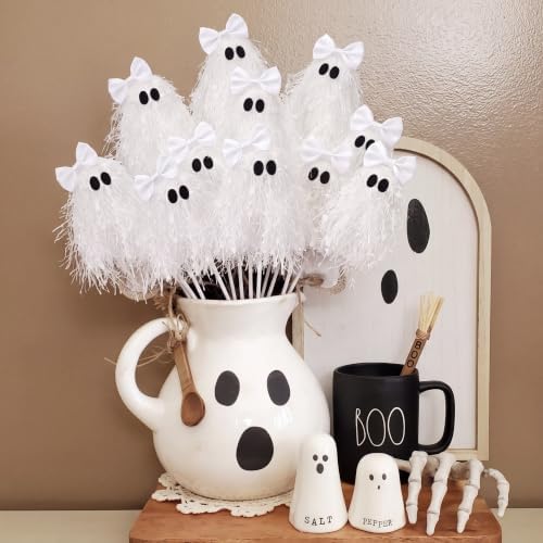 Suncalla 12 Pcs Halloween White Ghost Stem 12 Inch Cute Glitter Ghost Picks