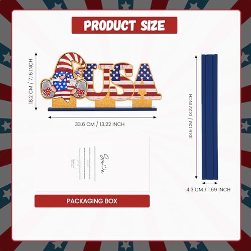 Smile Patriotic USA Wooden Standing Decor Set, 2-Piece 4th of July Tiered Tray Tabletop Signs with Gnome for Independence Day