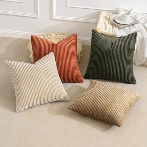MIULEE Fall Corduroy Decorative Throw Pillow Covers Rust-Olive Green 24x24