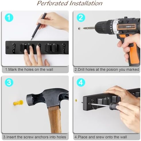 OUTNILI 2 Pack Black Mop Broom Holder Wall Mount - Wood Broom Mop Hanger - Wall Mounted Garden Tool Rack Organizer for