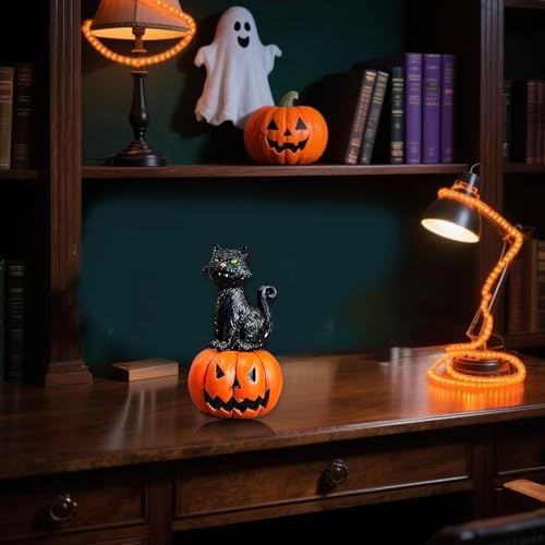 Decor Mini Resin Pumpkin Cat Figurine - Cute Desktop Decor for Home, Office, Mantle, Shelf Sitter Decorations Gift
