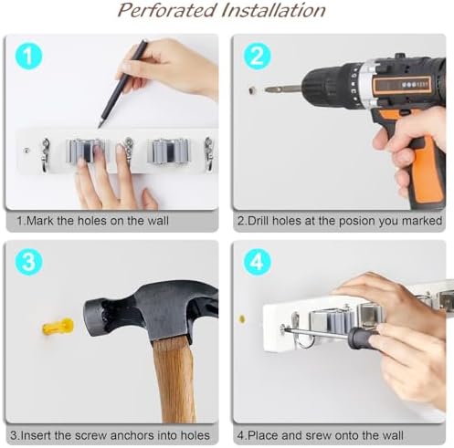 OUTNILI White Mop Broom Holder Wall Mount with 4 Slots & 4 Hooks - Wood Broom Mop Hanger for Pantry Closet Laundry Room