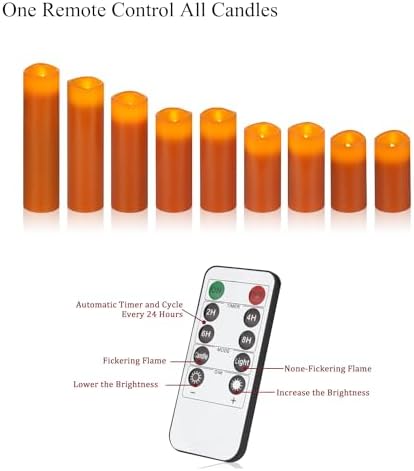 Vinkor Flameless Candles Battery Operated Candles Real Wax Pillar LED Candles with 10-Key Remote and Cycling 24 Hours Timer (Orange Set of 9)