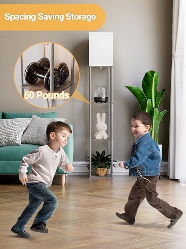 Floor Lamp with Shelves for Living Room Oak Gray, Shelf Floor Lamp with 3 CCT LED Bulb, Corner Display Standing Column