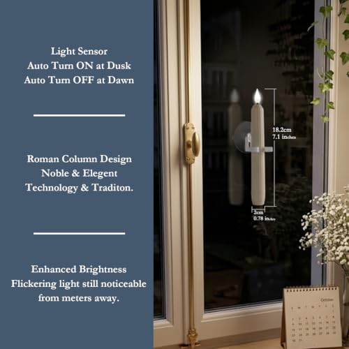 Homemory 12 Pcs Window Candles with Sensor Dusk to Dawn, White Wight Candlesticks with Suction Cups, Roman Column Christmas Window Candle Battery Operated, Flameless Led Taper Candles for Windows