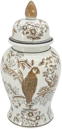 Galt International 14" Brown & White Floral Parrot Ceramic Porcelain Ginger Jar Floral Home Décor Jar Urn Shape Vase
