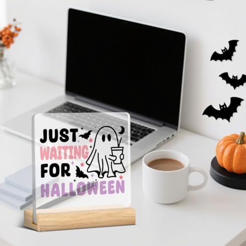 Halloween Coffee Sign Decor Decorations for Home Office Coffee Bar Station Table Just Watting for Halloween Acrylic Sign Funny Ghost Desk Decor Gift for Women