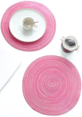 Floroom 15 Inch Round Braided Placemats Set of 4, Washable Heat Resistant Cotton Polyester Circle Place Mats for Kitchen Dining Table - Berry Pink
