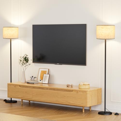 Ambimall 60'' Modern Floor Lamp Set of 2, 2PK Tall Lamps for Living Room Bedroom, Beige Shade with Black Pole(Without