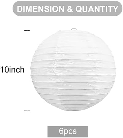 BEISHIDA 10 Inch White Paper Lanterns 6 Packs Hanging Round Chinese Lantern