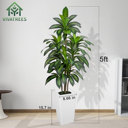 VIVATREES Dracaena Tree 5FT Artificial, 60in Tall Faux Dracaena Tree with 15.7 White Planter, Fake Potted Tree for