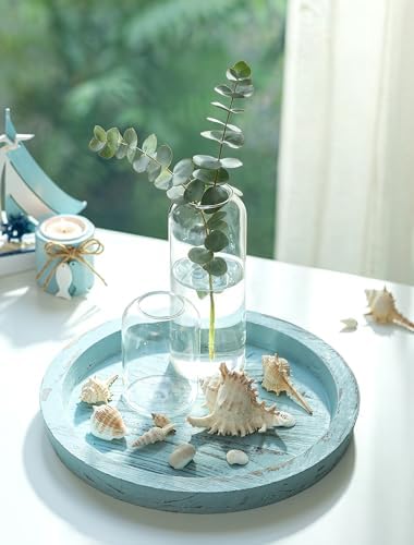 Hanobe Round Wood Candle Holder Tray, Ocean Blue Coastal Coffee Table Decor