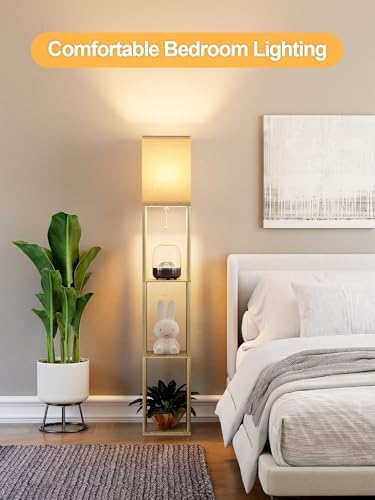 Floor Lamp with Shelves for Living Room Natural Wood, Shelf Floor Lamp with 3 CCT LED Bulb, Corner Display Standing