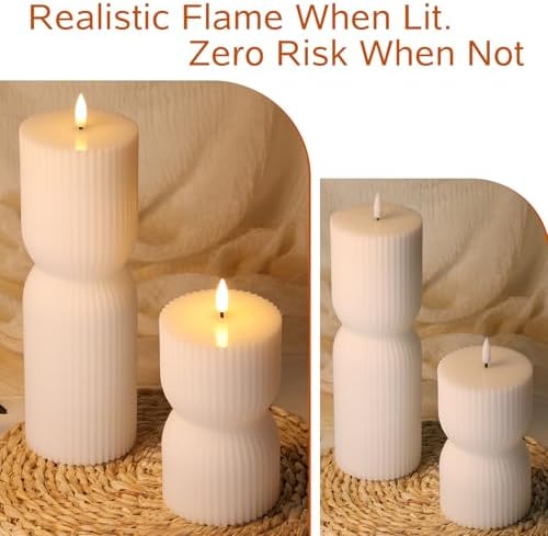 White Ribbed Flameless Pillar Candles with Remote Set of 2
