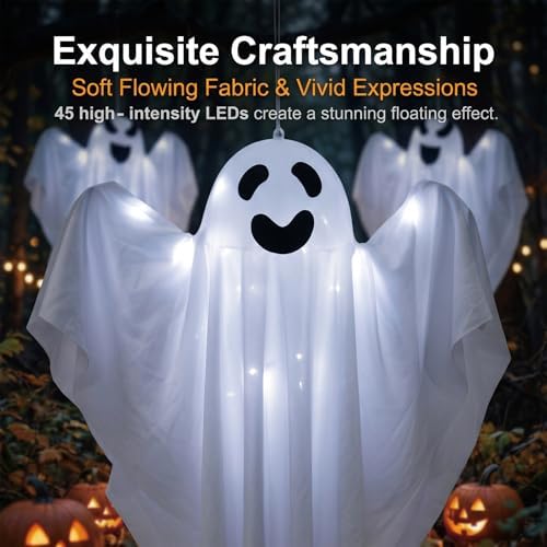 3 Packs Halloween Decorations Outdoor - BCLGSHINE Lighted Hanging Ghost Decorations with 45 LEDs, 32 Inch Halloween-Ghost Lights for Porches, Party, Yards, Gardens, Lawn