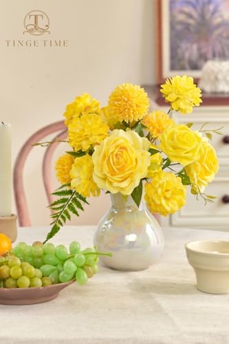 TINGE TIME 23pcs Artificial Wedding Flower Combo, Rose Pompon Mums Yellow