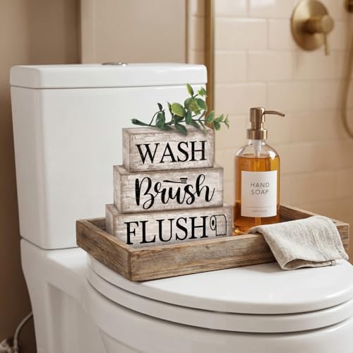 Moucuny 3 Pcs Bathroom Decor Wooden Block Signs Farmhouse Rustic