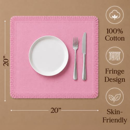 CLOUDLOOM 100% Cotton Fringe Cloth Napkins, Baby Pink, Set of 6, 20"x20"