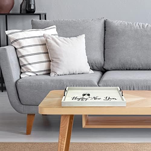 Elegant Designs HG2000-GNY Champagne Toast Decorative Wood Serving Tray w/Handles, 15.50" x 12", Light Gray Happy New Year