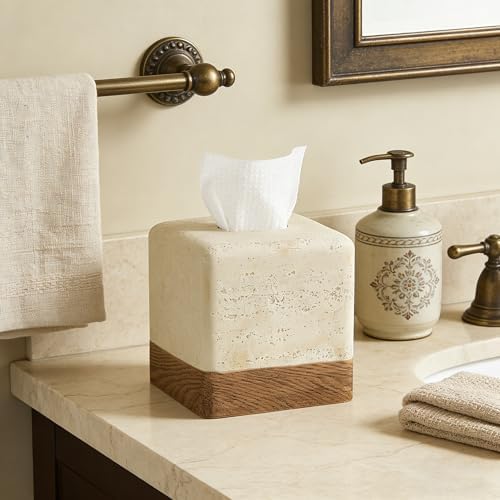 Travertine Match Wooden Square Tissue Box Cover Decorative / Travertine&wooden / Boho / Natural