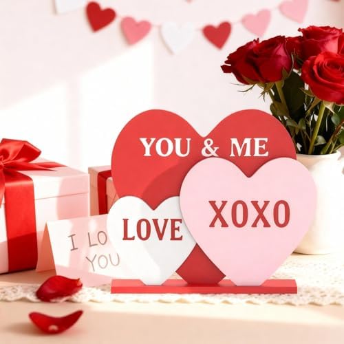 OLANRUN Valentines Day Decorations, 8.7 Inch Valentine Table Decorations Wooden Heart Sign with Letter LOVE XOXO, Valentines Day Decor Indoor for Home Office Kitchen Tiered Tray Table Fireplace Mantel
