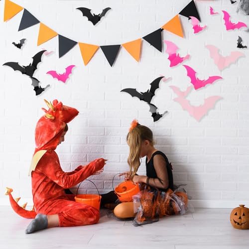CCINEE 144pcs Pastel Halloween Bats Wall Decorations,PVC Waterproof Pink Black 3D Bat Stickers for Home Indoor Room Outdoor Summer Halloween Party Scene Decals Decoration
