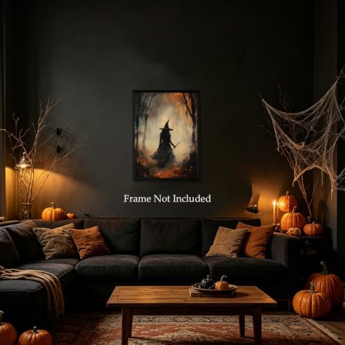 ILLBDR Halloween Witch with Broomstick Canvas Wall Art Poster 16x24 inch