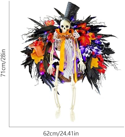 HipTree 28 Inch Halloween Skeleton Wreath for Front Door with Lights