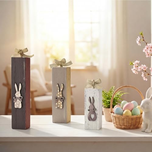 Smile 3-Piece Easter Bunny Wooden Block Set, Rustic Tiered Tray Decor with Burlap Bows for Spring & Easter