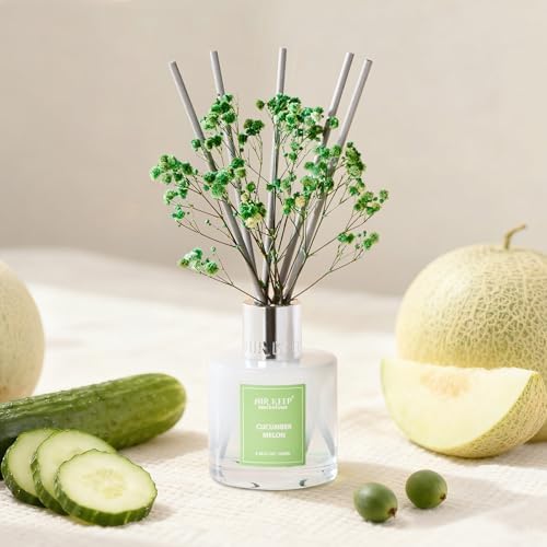 Airkeep Reed Diffuser Set,3.38 fl oz (100 ml) - Cucumber Melon Oil Diffusers with 8 Reed Sticks, Home Fragrance Reed