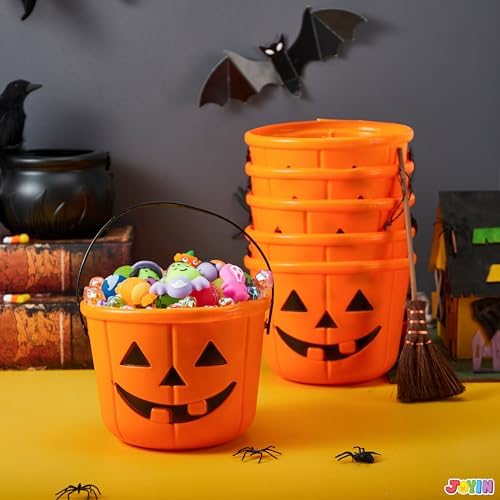 JOYIN 6PCS Halloween Trick or Treat Pumpkin Bucket, Jack O Lantern Candy Basket and Buckets for Trick or Treating, Orange Halloween Pails with Handle for Kids Party Favors Supplies Props