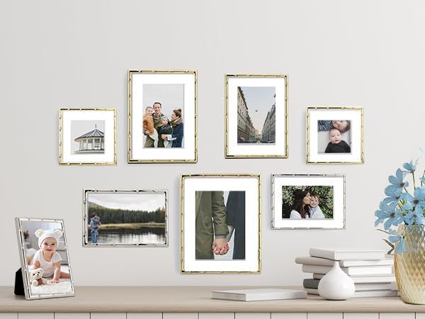 YiPinYin 10x12''Bamboo Detail Silver Metal Photo Frame with Acid Free Mat for 8x10'' Set of 2,Elegant Narrow Plated